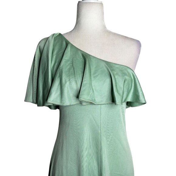 Vintage 70s One Shoulder Mint Green Maxi Dress Small Ruffle Overlay Zipper - Picture 4 of 12